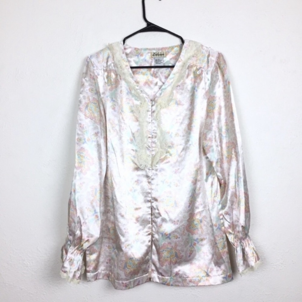 Vintage button front long sleeve paisley lace accent pajama top regent fairy